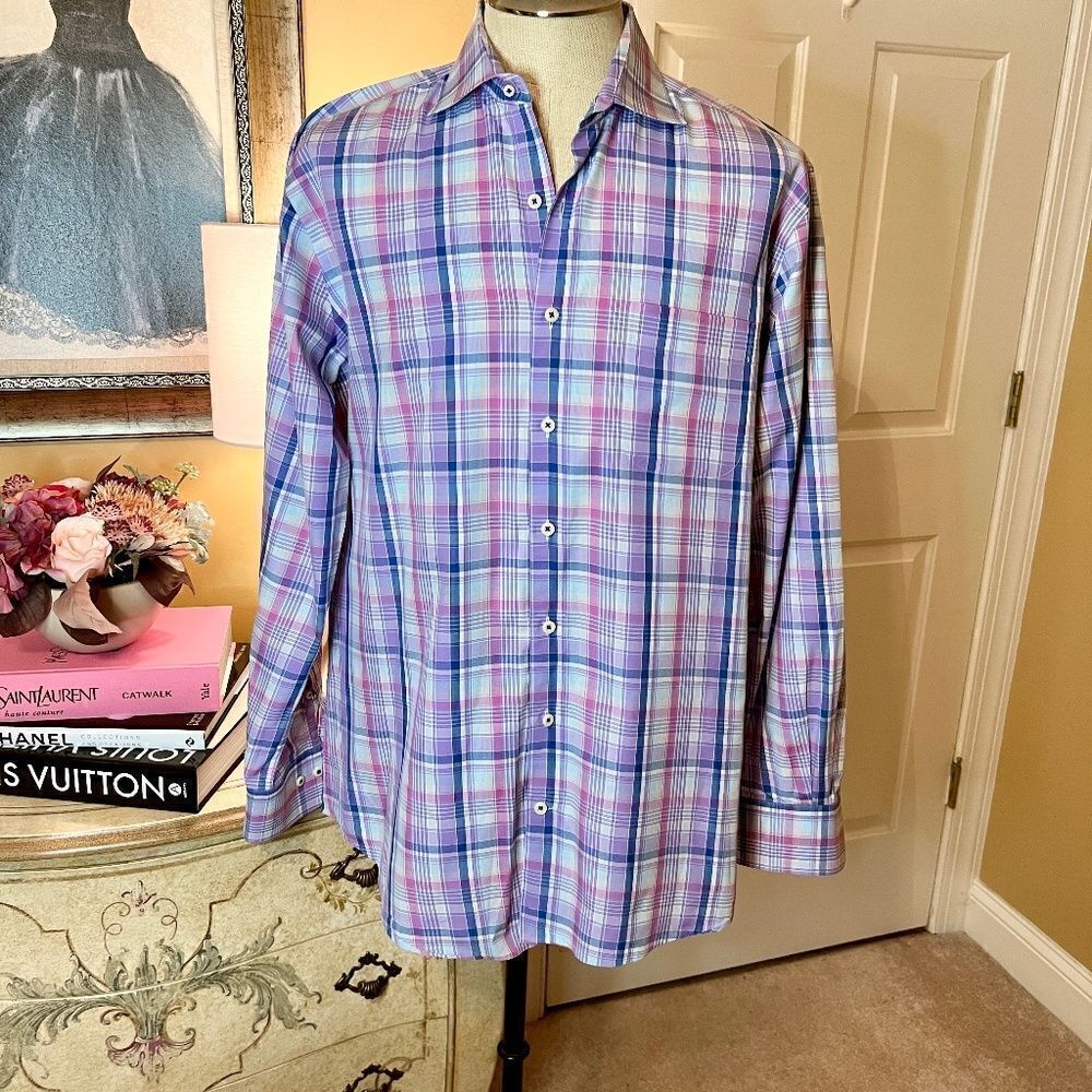 EEUC Men's Peter Millar Purple Plaid Shirt Size LARGE  Worn Once Perfect